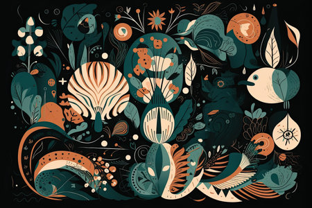 Vector illustration of floral background in doodle style with flowers, leaves and birdsの素材