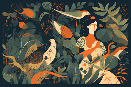 Vector illustration of a woman surrounded by tropical plants and birds in a flat style.の素材