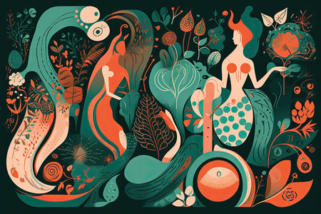 Vector illustration of a beautiful woman on a background of leaves and flowersの素材