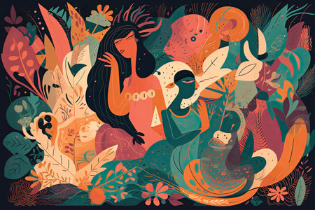 Vector illustration of beautiful woman in the jungle. Abstract floral background.の素材