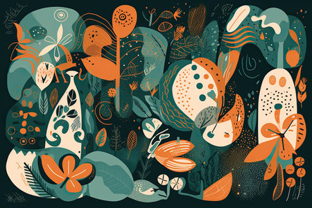 Hand drawn vector abstract floral illustration with flowers, leaves and birds. Scandinavian style design.の素材