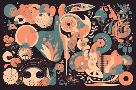 Hand drawn vector abstract graphic illustration with cute animals, birds and flowersの素材