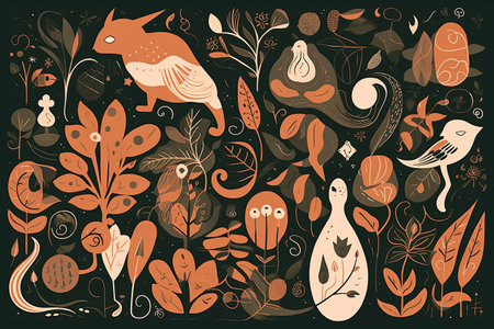 Vector illustration with cute foxes, birds, flowers and leaves.の素材
