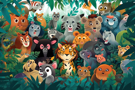 cartoon animal background with many wild animals in the jungle illustration for childrenの素材