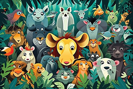 Cartoon animals in the jungle. Vector illustration for your design.の素材