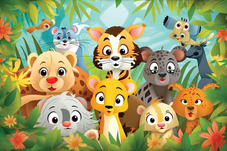 cartoon animals in the jungle background illustration for children and adults.の素材