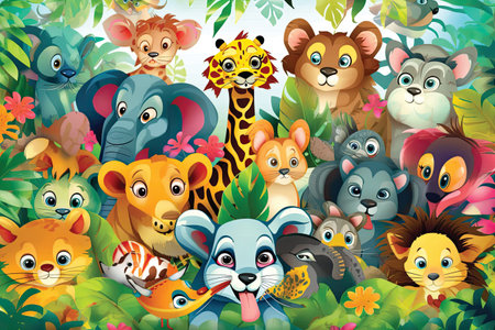 cartoon wild animals in the jungle illustration for children and design.の素材