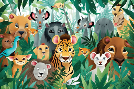 Animals in the jungle cartoon vector illustration. Wild forest animals.の素材