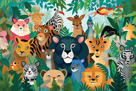 Animals in the jungle. Cartoon illustration of wild animals in the jungle.の素材