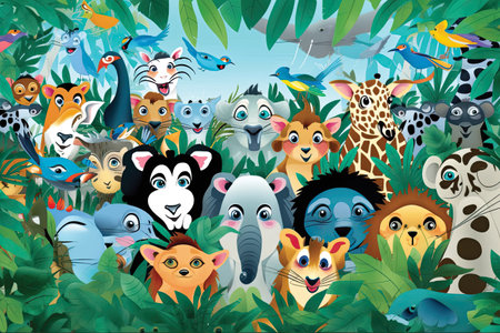 cartoon animal background with different wild animals in the jungle illustration for childrenの素材