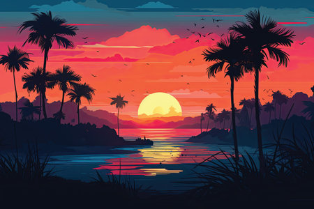 Tropical sunset with palm trees, boat and birds. Vector illustrationの素材