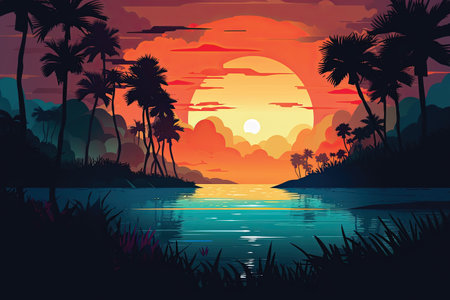 Tropical sunset with palm trees and lake. Vector illustration.の素材
