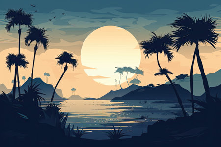 Beautiful seascape with palm trees at sunset, vector illustrationの素材
