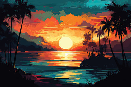 Tropical sunset with palm trees on the island. Vector illustration.の素材