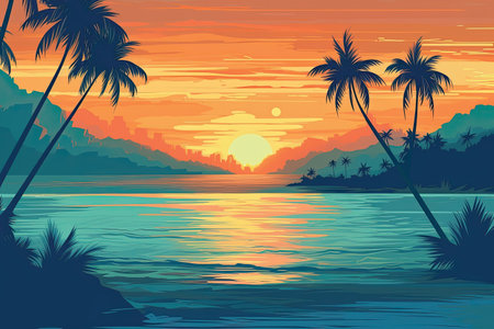 Tropical sunset with palm trees and sea. Vector illustration.の素材