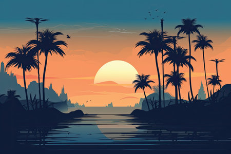 Tropical sunset with palm trees and sea. Vector illustration.の素材