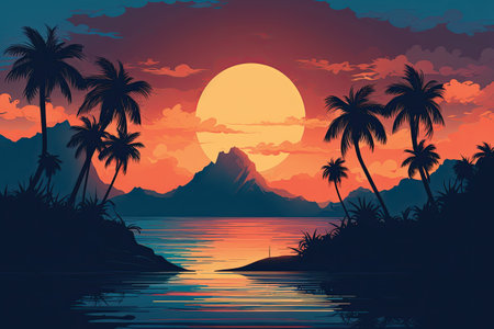 Beautiful sunset over the sea with mountains and palm trees. Vector illustrationの素材
