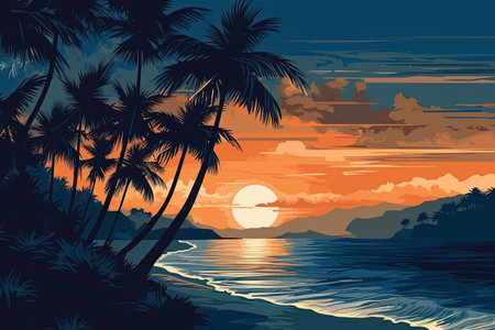 Tropical beach with palm trees at sunset. Vector illustration.の素材