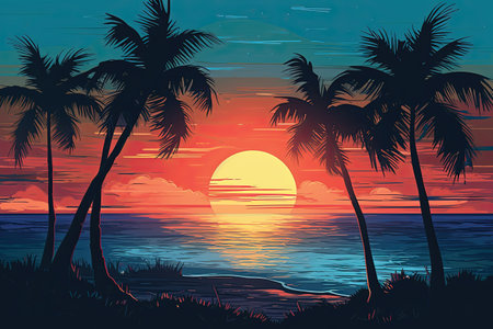 Tropical sunset with palm trees on the beach. Vector illustration.の素材