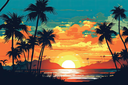 Tropical sunset with palm trees on the beach, vector illustrationの素材