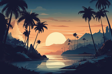 Palm trees on the beach at sunset. Vector illustration in retro styleの素材