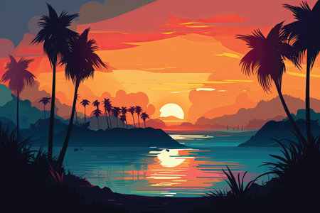 Tropical sunset with palm trees and sea. Vector illustration.の素材