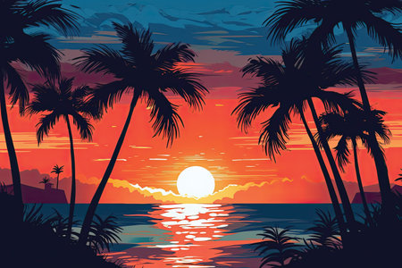 Tropical sunset with palm trees and sea. Vector illustration.の素材