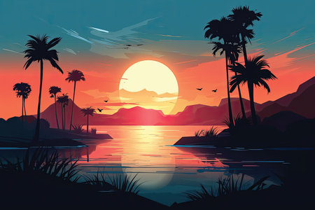 Sunset on the beach with palm trees and birds. Vector illustration.の素材