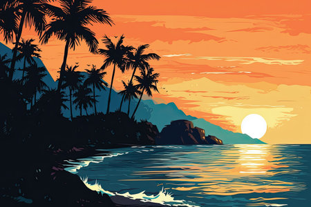 Tropical beach at sunset. Vector illustration in retro style.の素材