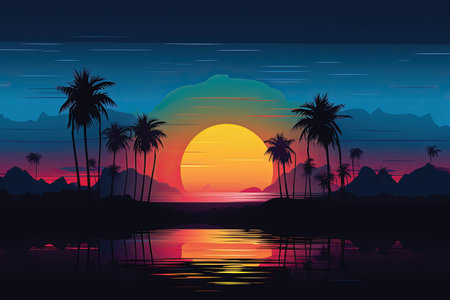 Silhouette of palm trees and sunset on the beach. Vector illustration.の素材