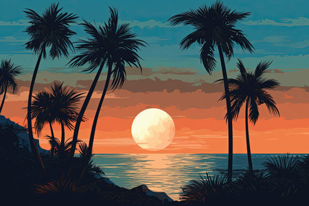 Palm trees on the beach at sunset. Vector illustration EPS10の素材