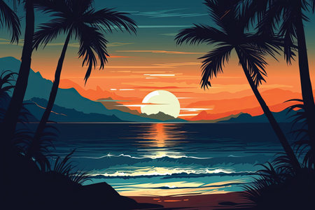 Palm trees on the beach at sunset. Vector illustration in retro styleの素材
