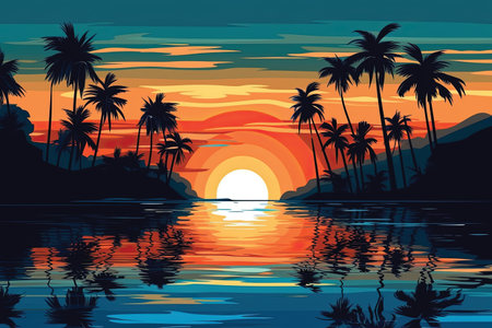 Tropical sunset with palm trees and sea. Vector illustration.の素材