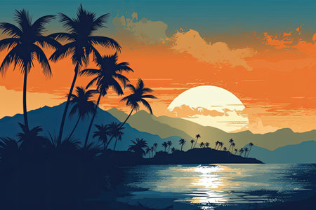 Tropical island with palm trees at sunset. Vector illustration.の素材