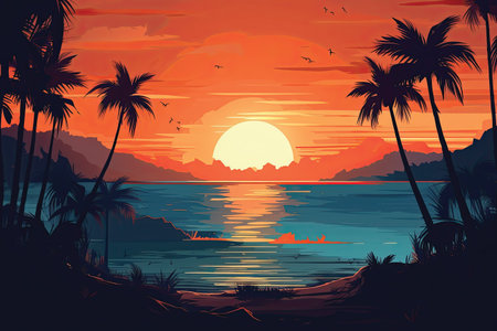 Beautiful sunset over the sea. Vector illustration in retro style.の素材