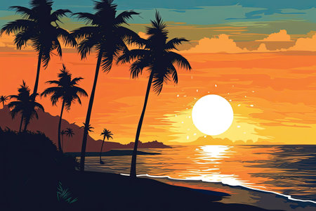Beautiful sunset on the beach with palm trees. Vector illustration.の素材