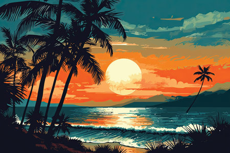 Tropical beach with palm trees at sunset. Vector illustration.の素材