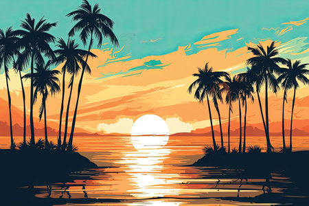 Tropical island with palm trees at sunset, vector illustration.の素材