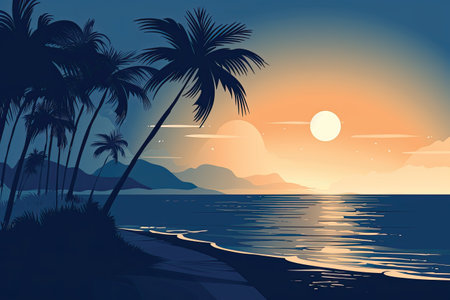Beautiful seascape with palm trees and sunset. Vector illustration.の素材
