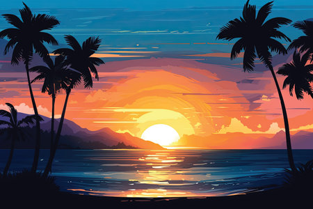 Beautiful sunset over the sea with palm trees. Vector illustration.の素材