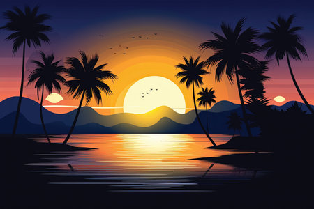 Beautiful sunset on the beach with palm trees. Vector illustration.の素材