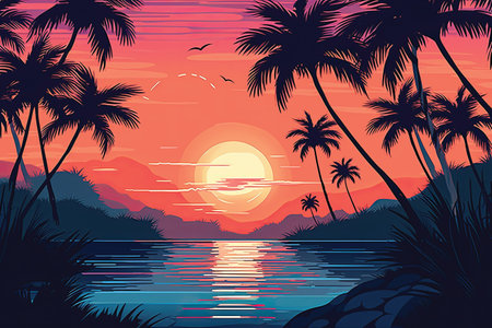 Beautiful sunset over the lake with palm trees. Vector illustration.の素材