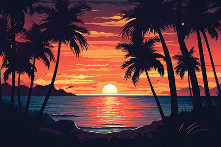 Tropical sunset on the beach with palm trees. Vector illustrationの素材