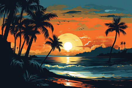 Tropical beach with palm trees and sunset. Vector illustration.の素材