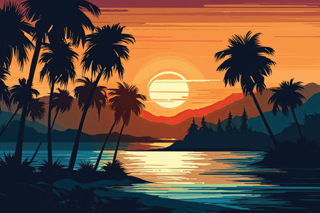 Tropical sunset landscape with palm trees and sea. Vector illustrationの素材