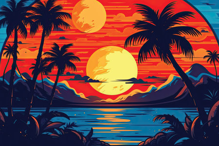 Tropical sunset with palm trees and sea. Vector illustration.の素材