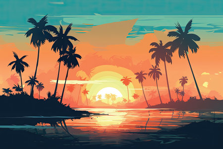 Tropical island with palm trees and sunset, vector illustration.の素材