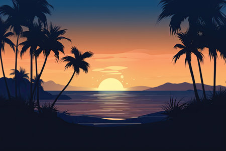 Beautiful sunset over the sea with palm trees. Vector illustration.の素材