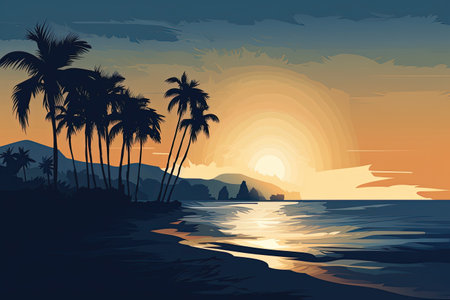 Tropical beach with palm trees at sunset. Vector illustration.の素材