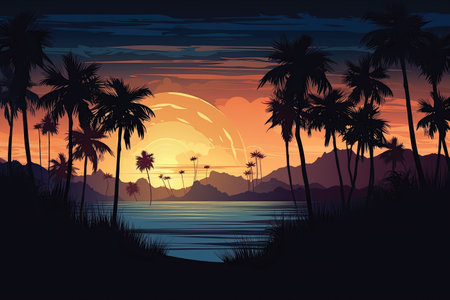 Beautiful sunset over the sea with palm trees. Vector illustration.の素材